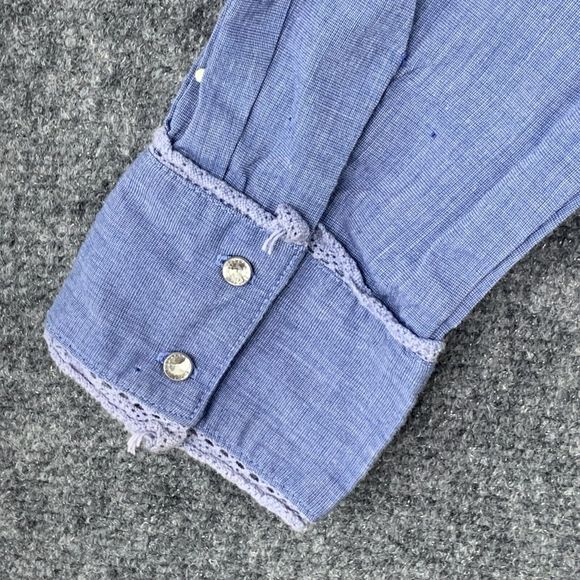 Adolfo Chambray Blue Button-up Shirt Women Size M Ruffles Crystal Buttons - Picture 11 of 14